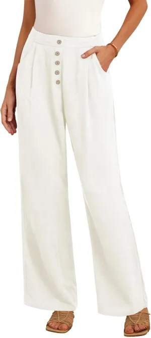 Feiersi Women's Linen Wide Leg Pants High Waisted Business Casual Palazzo Flowy Trousers with Pockets