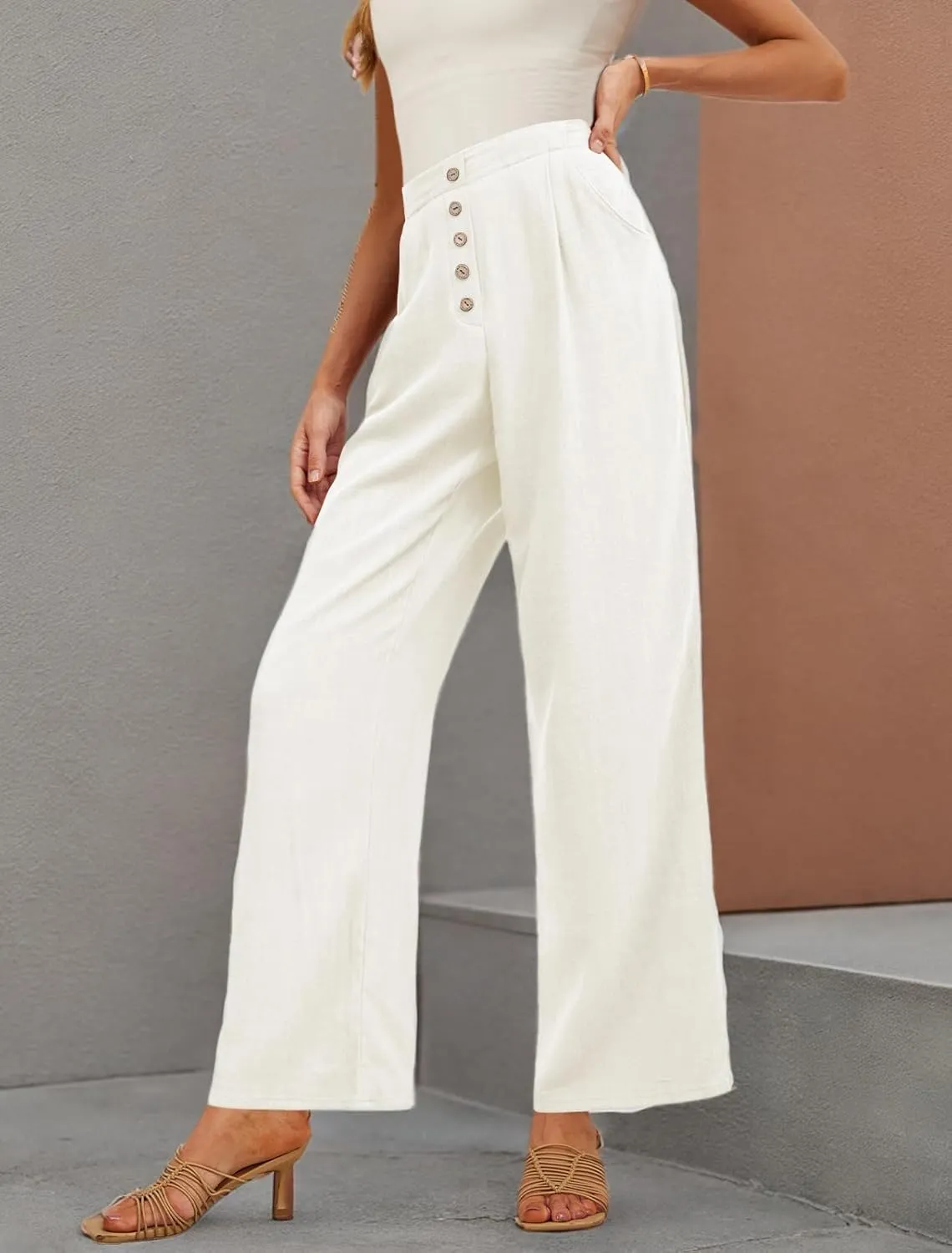 Feiersi Women's Linen Wide Leg Pants High Waisted Business Casual Palazzo Flowy Trousers with Pockets