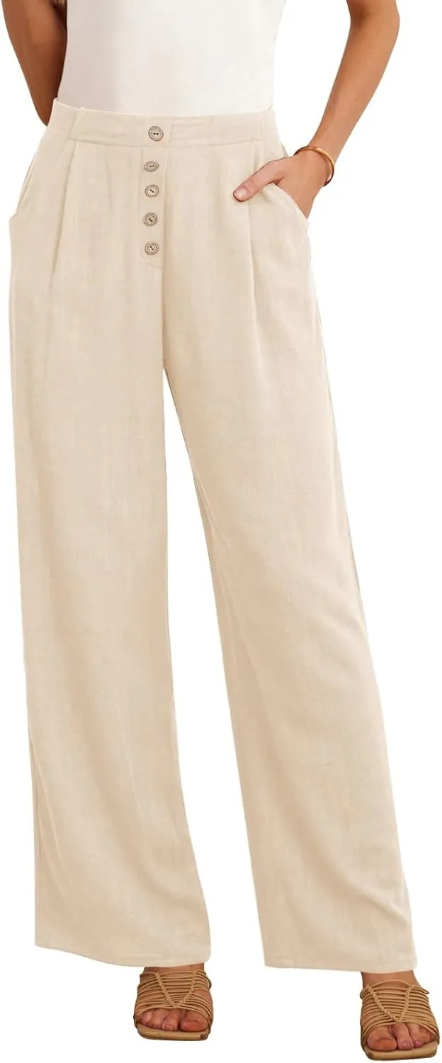 Feiersi Women's Linen Wide Leg Pants High Waisted Business Casual Palazzo Flowy Trousers with Pockets