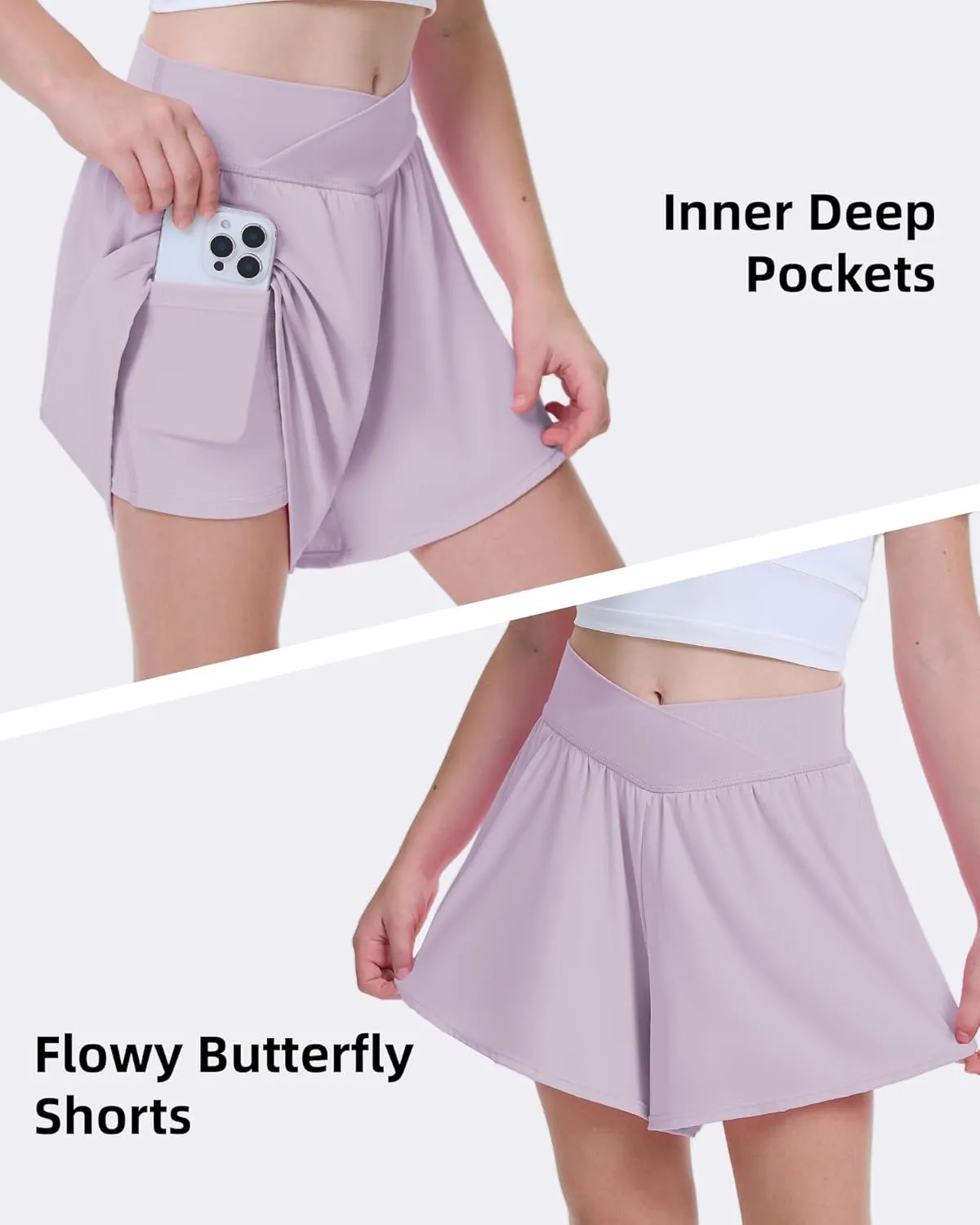 FireSwan Girls Butterfly Shorts Crossover Athletic Shorts with Pockets 2 in 1 Flowy Running Skorts for Teen, Girls, Youth
