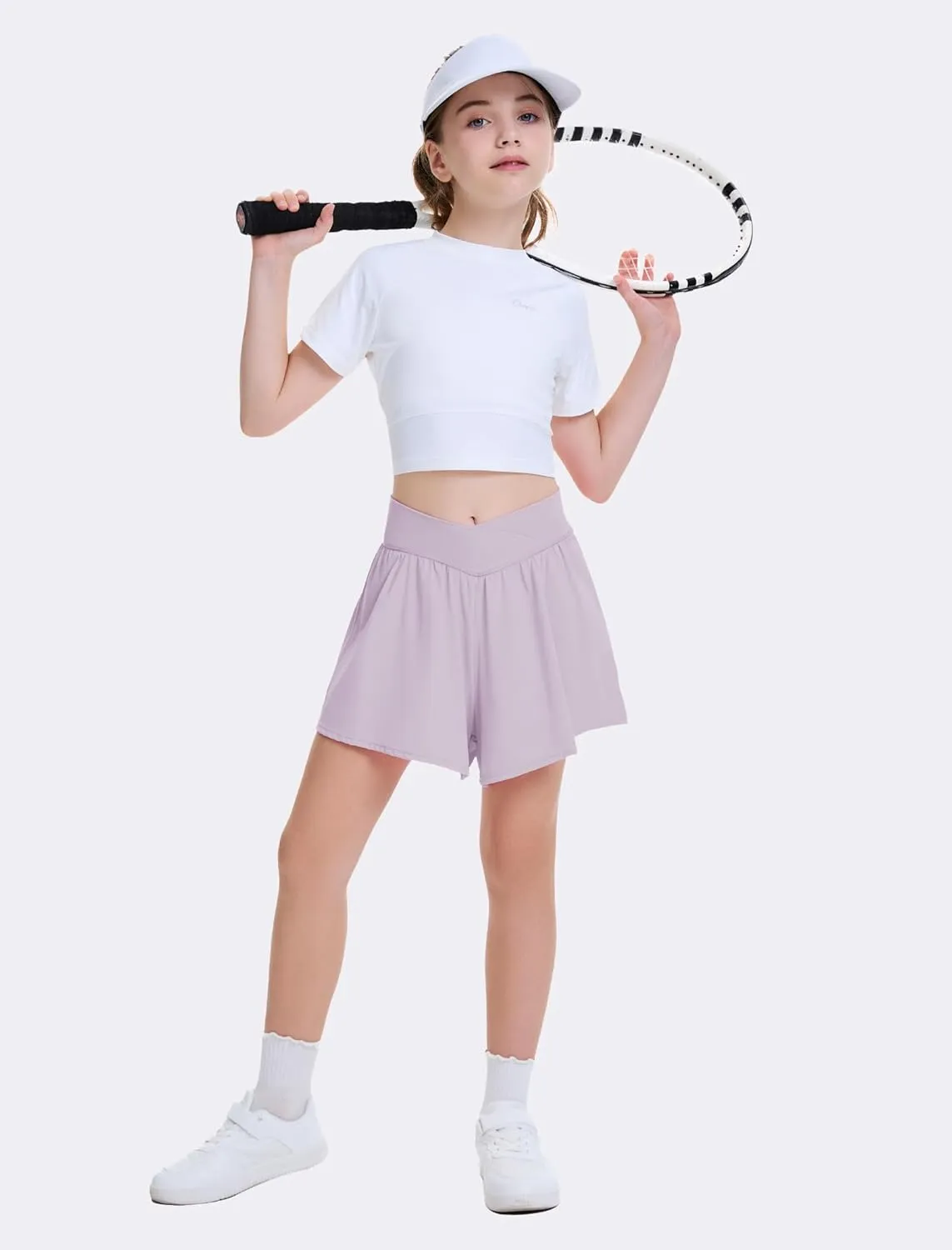 FireSwan Girls Butterfly Shorts Crossover Athletic Shorts with Pockets 2 in 1 Flowy Running Skorts for Teen, Girls, Youth