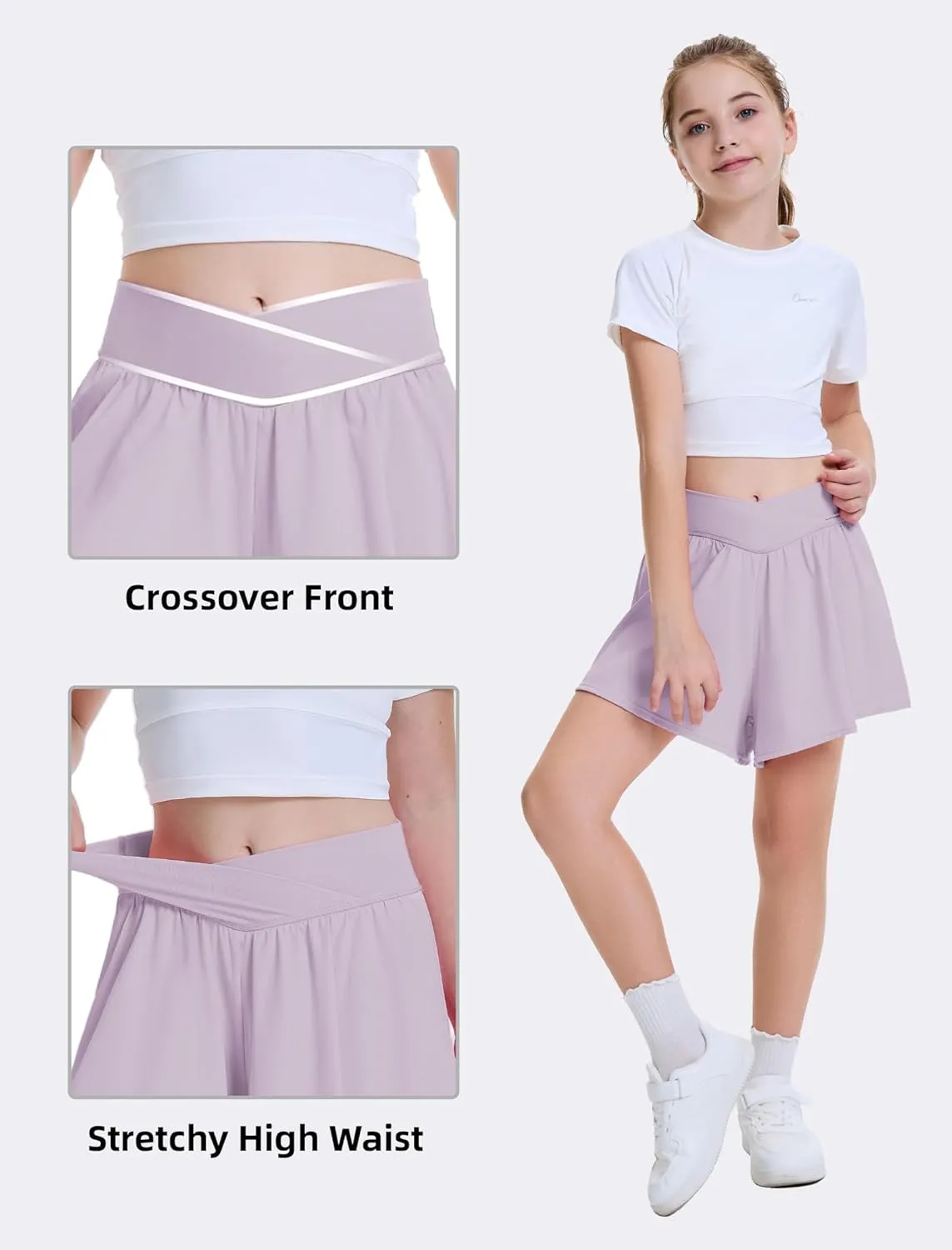 FireSwan Girls Butterfly Shorts Crossover Athletic Shorts with Pockets 2 in 1 Flowy Running Skorts for Teen, Girls, Youth