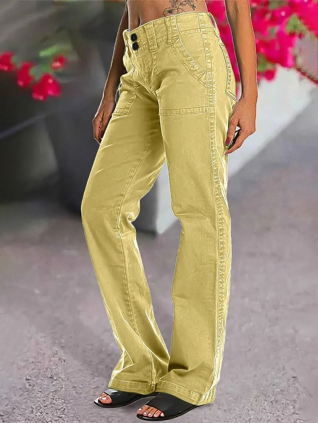 Flamingals Women's Wide Leg Jeans Mid Waist Causal Straight Leg Business Cargo Pants