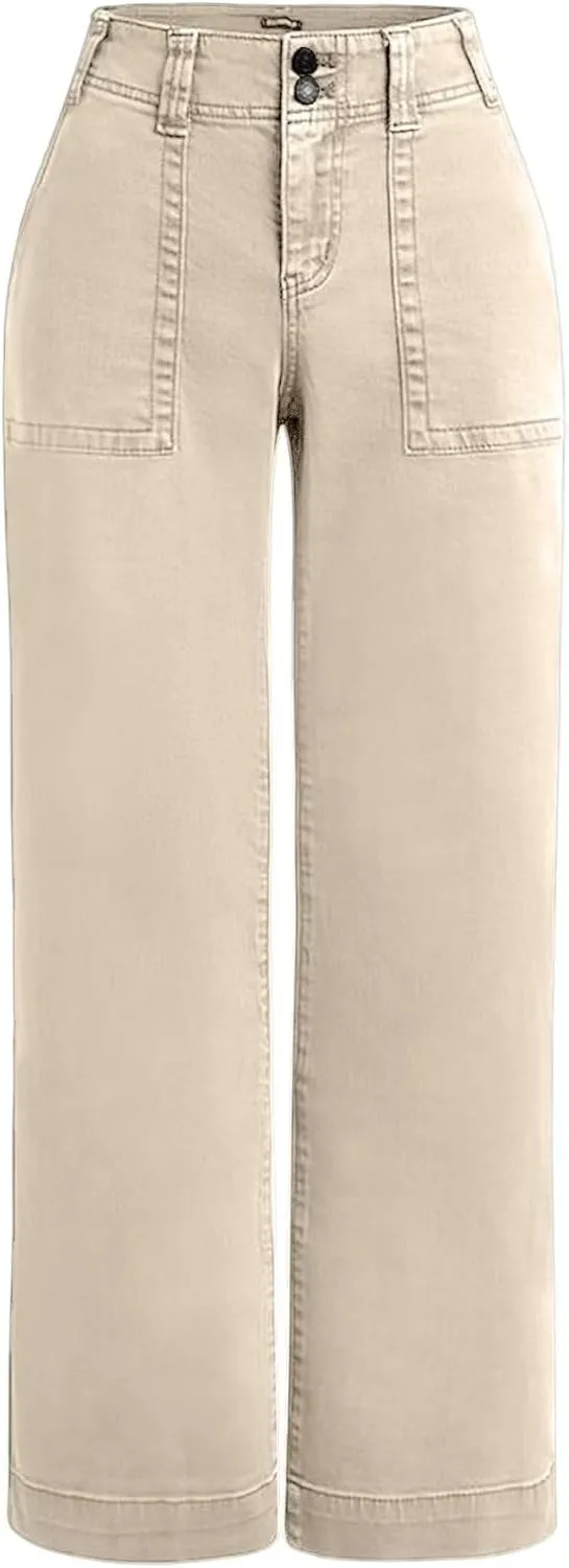 Flamingals Women's Wide Leg Jeans Mid Waist Causal Straight Leg Business Cargo Pants