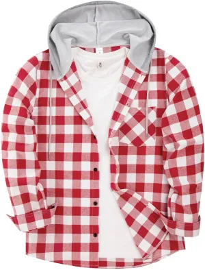 Flannel Hoodie for Mens Casual Long Sleeve Button Down Hooded Plaid Shirt Jacket Lightweight Fall Shacket Hoodies
