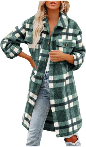Flannel Shirts for Women Quilted Lined Shacket Jacket Fall Winter Tartan Trench Coat Tartan Long Jacket Coats