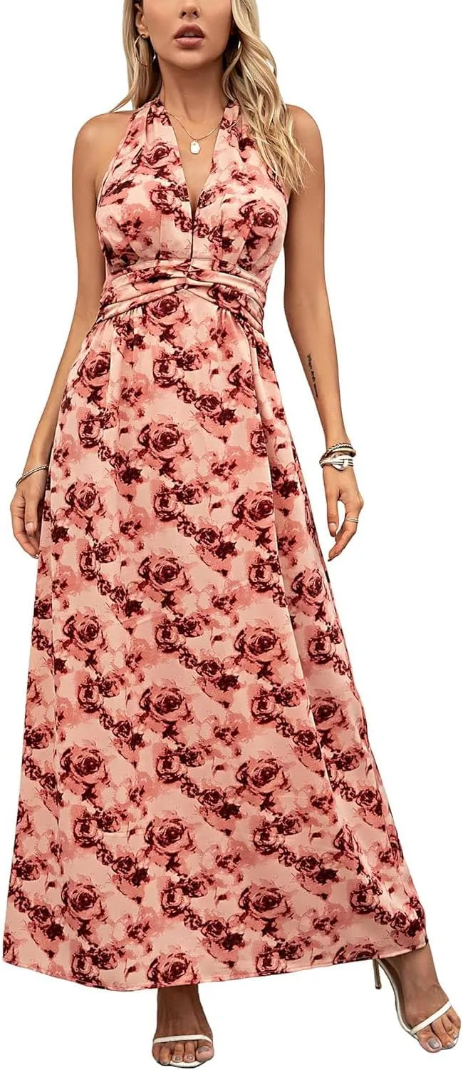 Floral Dress for Women Halter Neck Sleeveless 2025 Summer Sundress Swing Beach Long Maxi Dress Casual Flowy Ladies Outfits