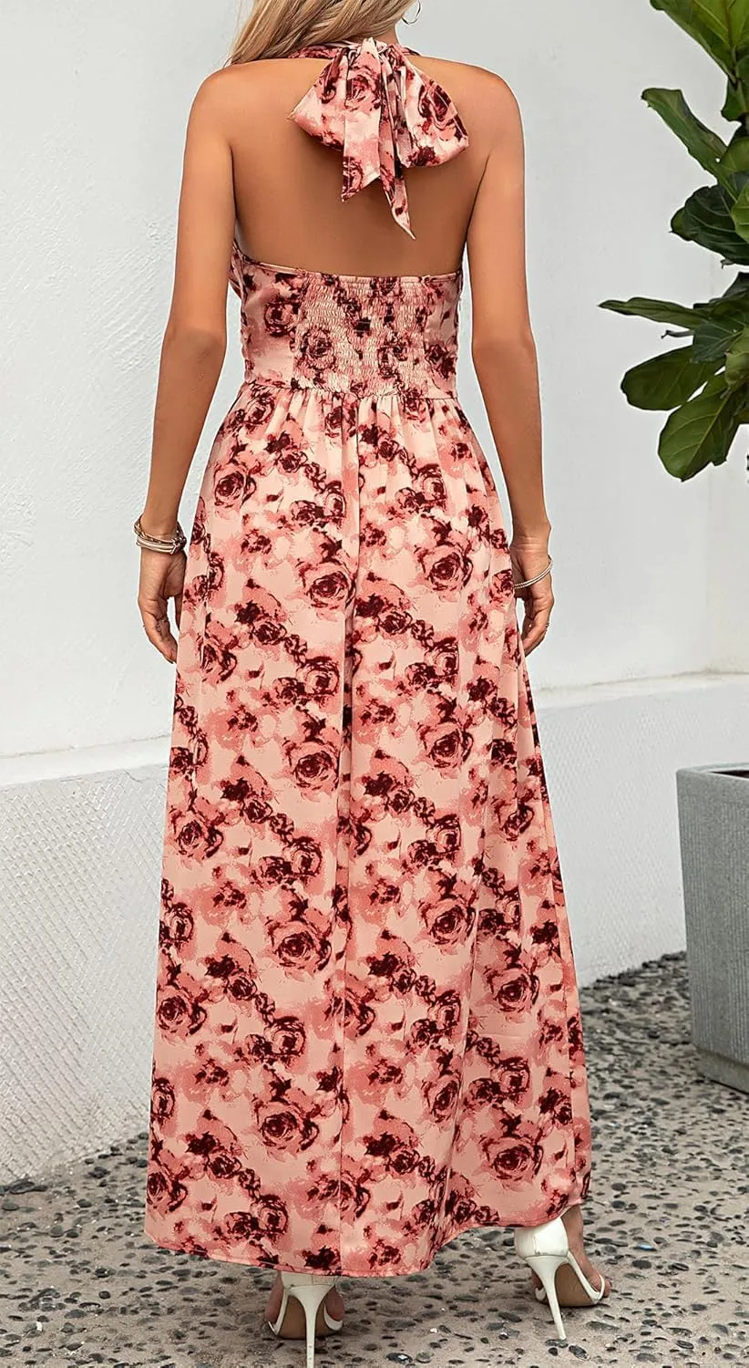 Floral Dress for Women Halter Neck Sleeveless 2025 Summer Sundress Swing Beach Long Maxi Dress Casual Flowy Ladies Outfits