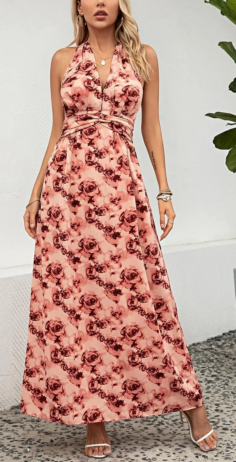 Floral Dress for Women Halter Neck Sleeveless 2025 Summer Sundress Swing Beach Long Maxi Dress Casual Flowy Ladies Outfits