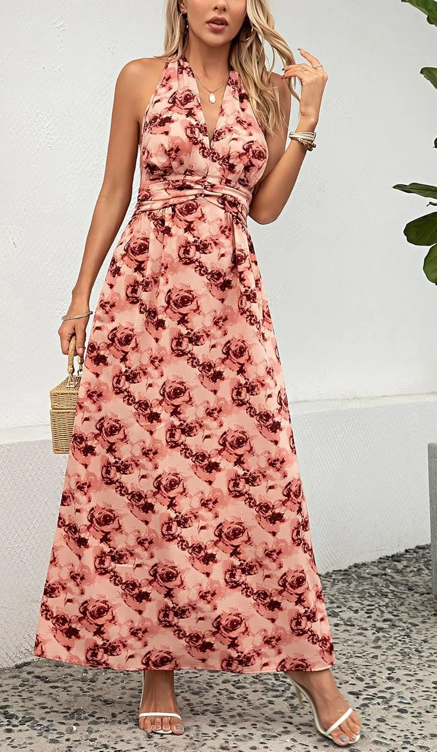 Floral Dress for Women Halter Neck Sleeveless 2025 Summer Sundress Swing Beach Long Maxi Dress Casual Flowy Ladies Outfits