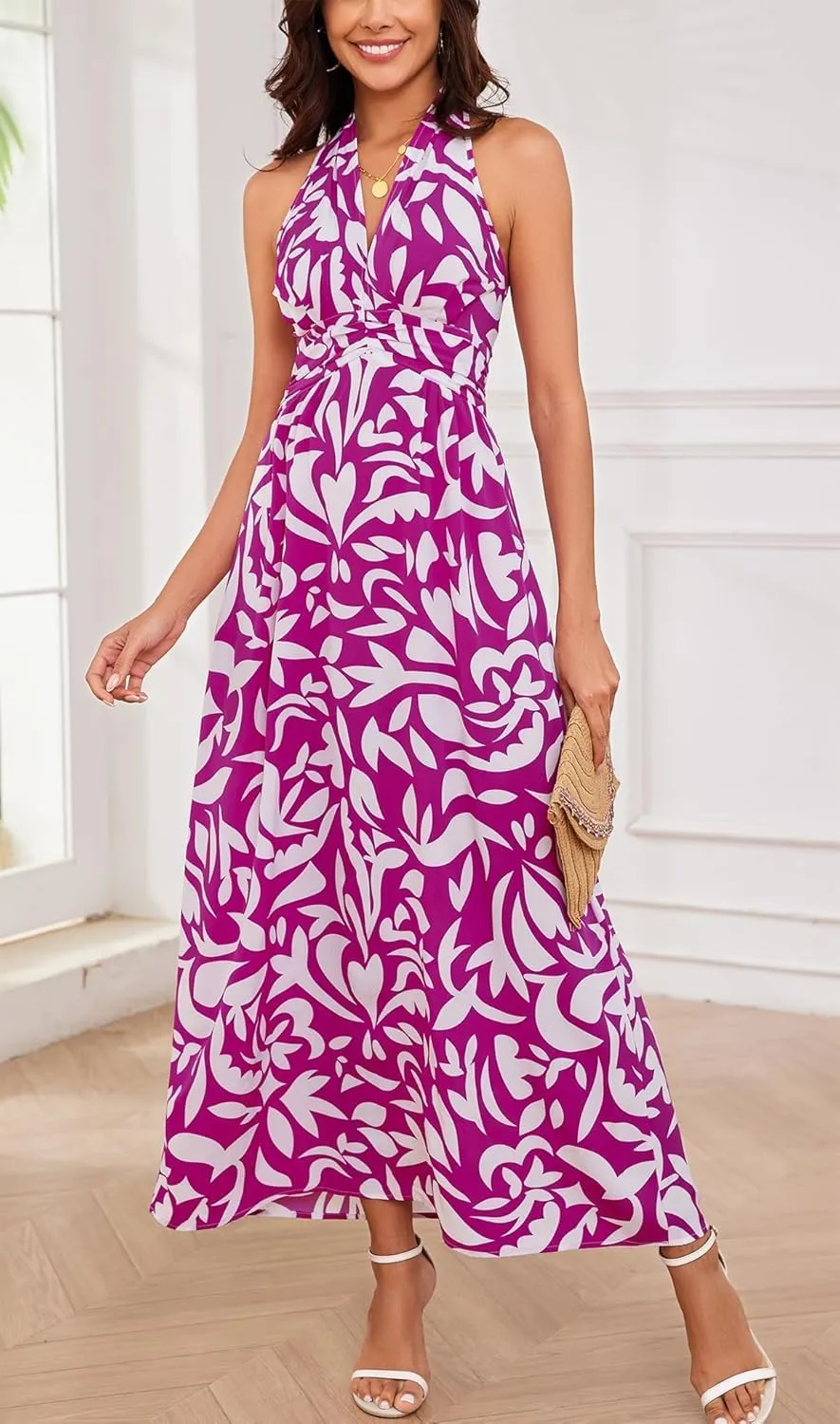 Floral Dress for Women Halter Neck Sleeveless 2025 Summer Sundress Swing Beach Long Maxi Dress Casual Flowy Ladies Outfits