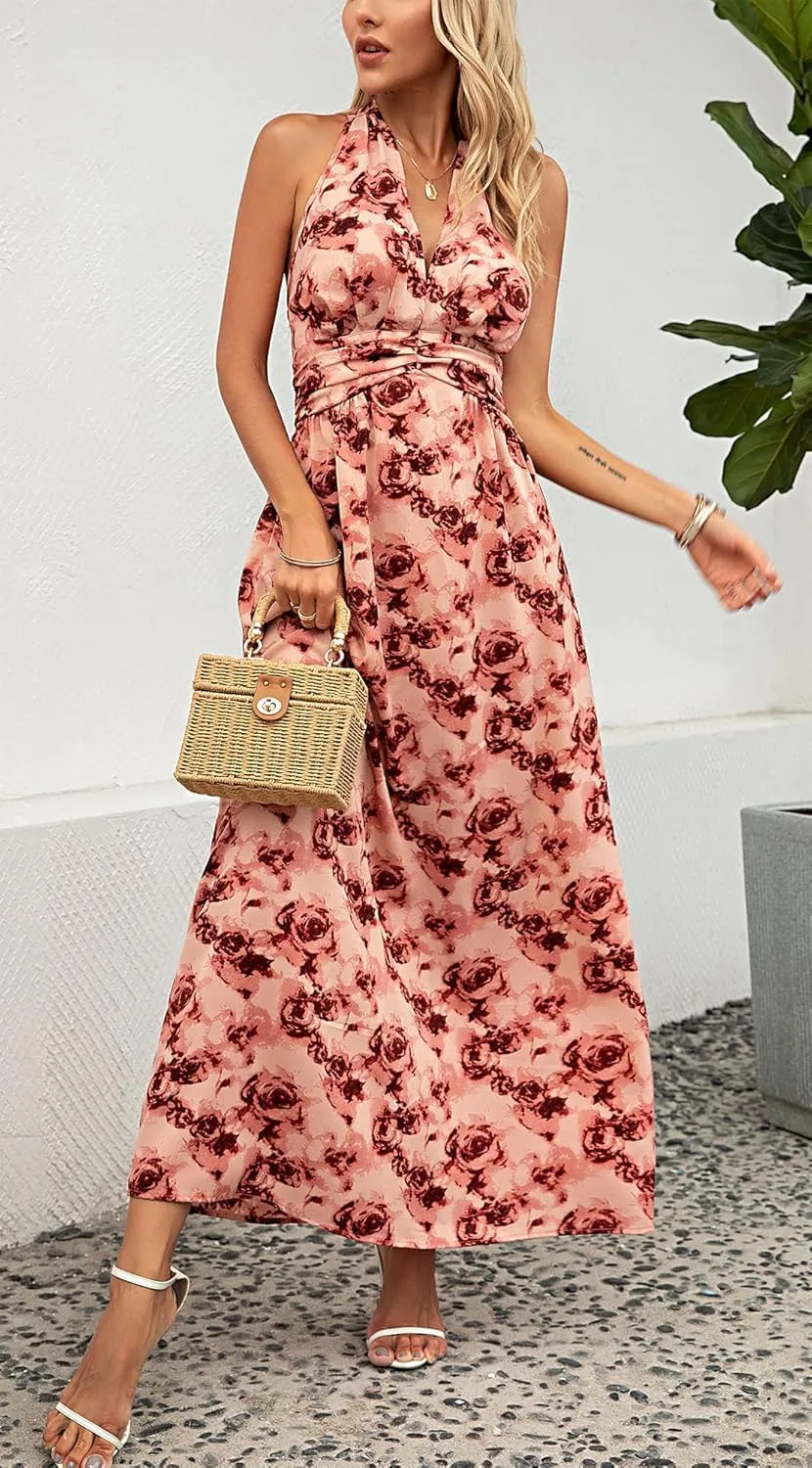 Floral Dress for Women Halter Neck Sleeveless 2025 Summer Sundress Swing Beach Long Maxi Dress Casual Flowy Ladies Outfits