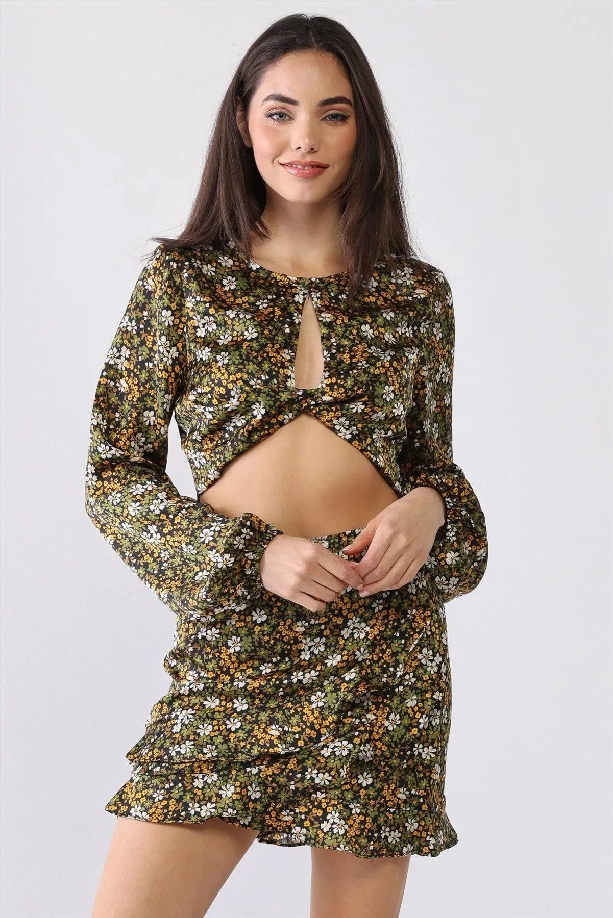 Floral Twist Cut-Out Crop Top Ruffle Hem Mini Skirt Set