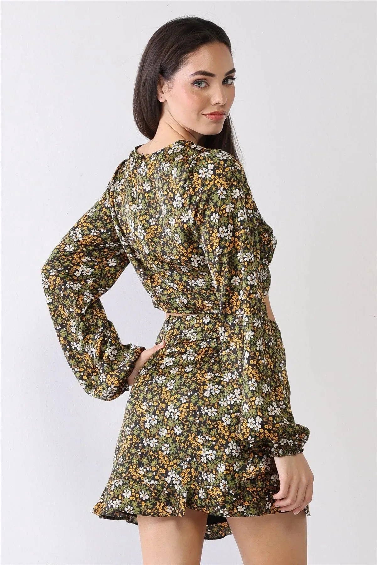 Floral Twist Cut-Out Crop Top Ruffle Hem Mini Skirt Set