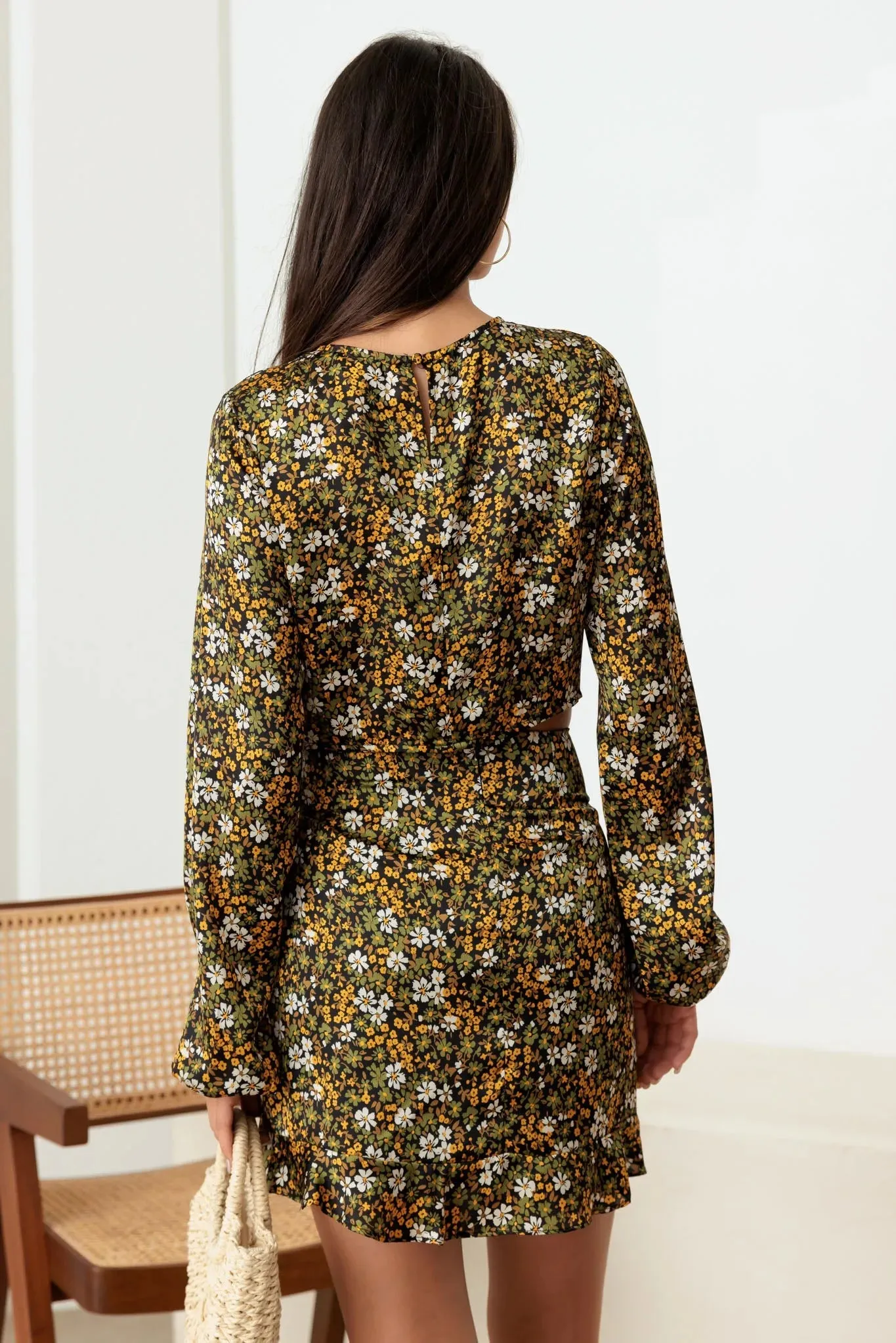 Floral Twist Cut-Out Crop Top Ruffle Hem Mini Skirt Set