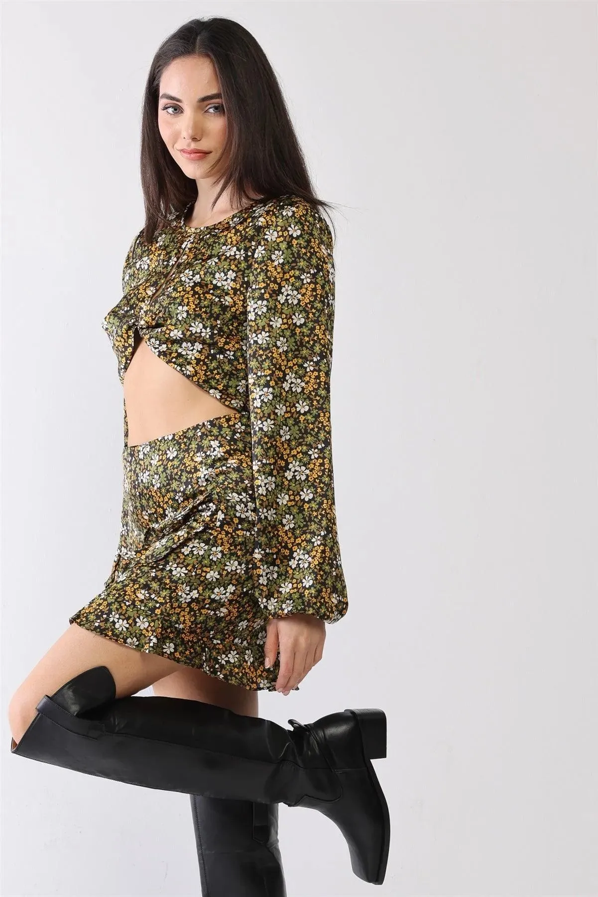 Floral Twist Cut-Out Crop Top Ruffle Hem Mini Skirt Set