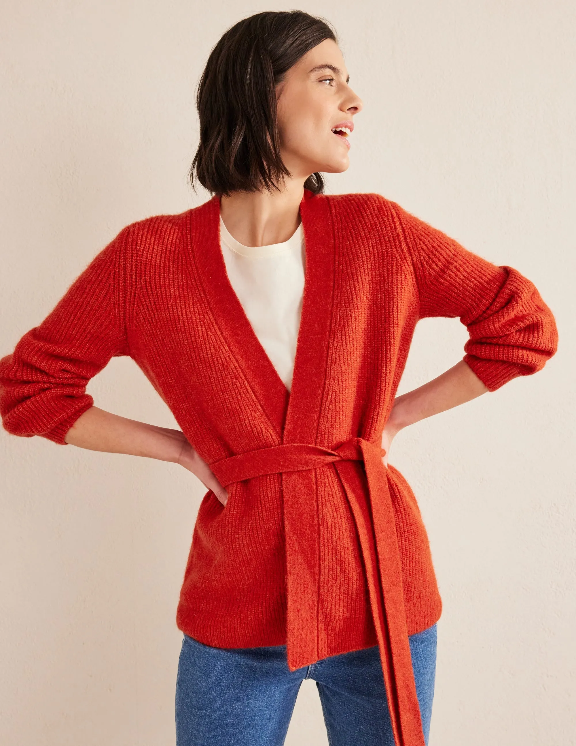 Fluffy Belted Cardigan-Tomato