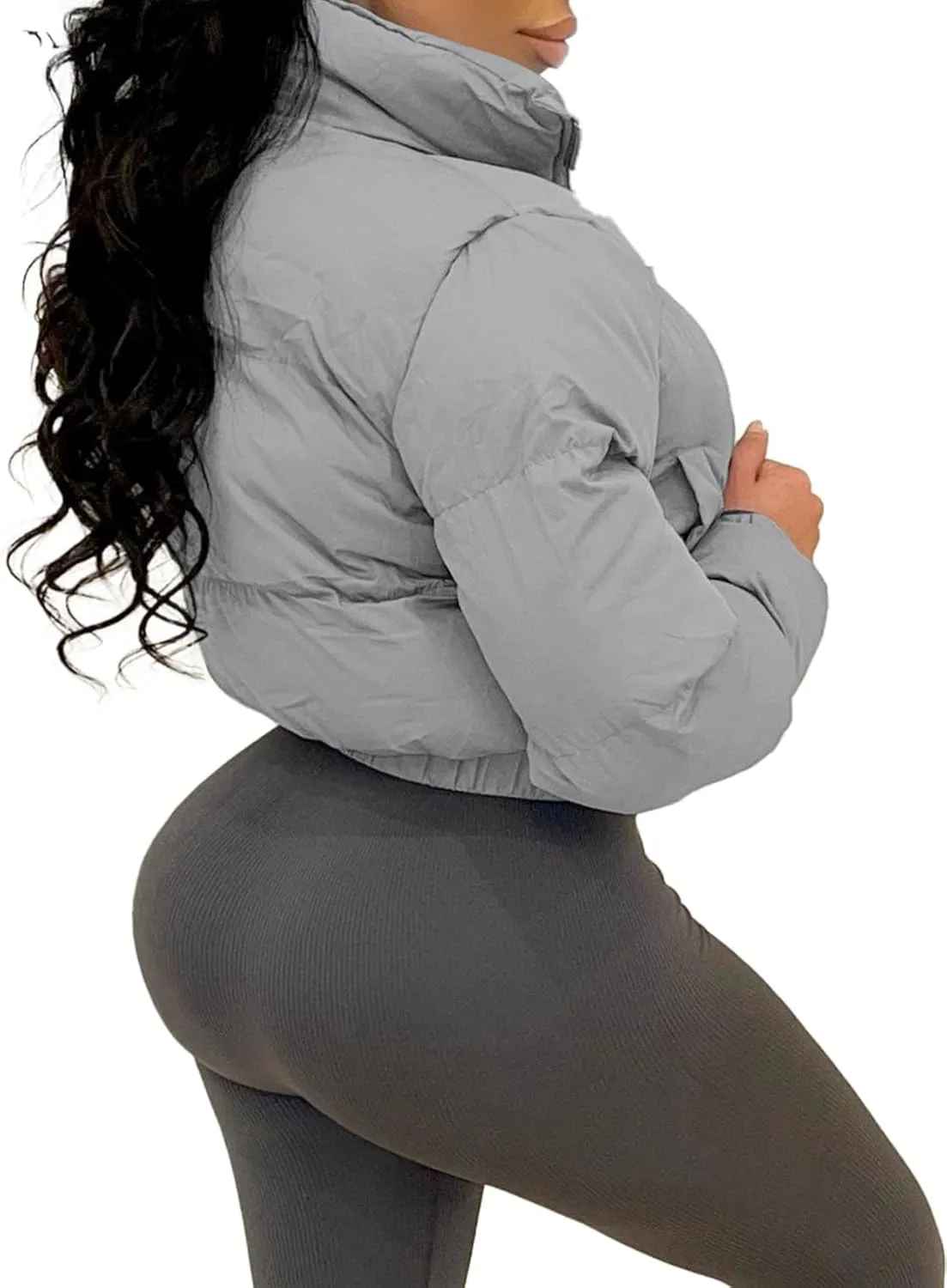 Flygo Women Cropped Quilted Puffer Jacket Winter Fashion Long Sleeve Bubble Short Down Coat