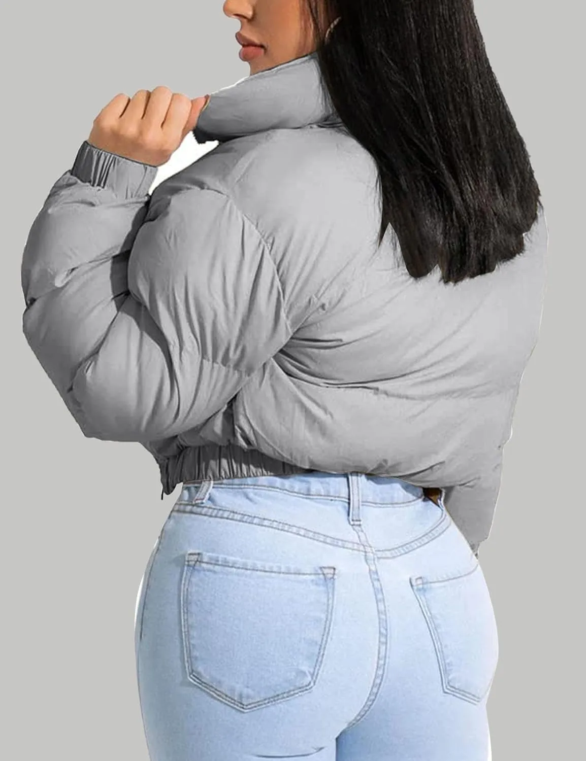 Flygo Women Cropped Quilted Puffer Jacket Winter Fashion Long Sleeve Bubble Short Down Coat