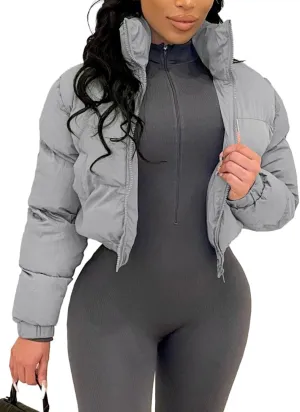 Flygo Women Cropped Quilted Puffer Jacket Winter Fashion Long Sleeve Bubble Short Down Coat