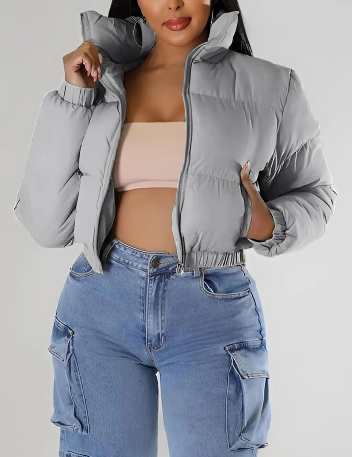 Flygo Women Cropped Quilted Puffer Jacket Winter Fashion Long Sleeve Bubble Short Down Coat