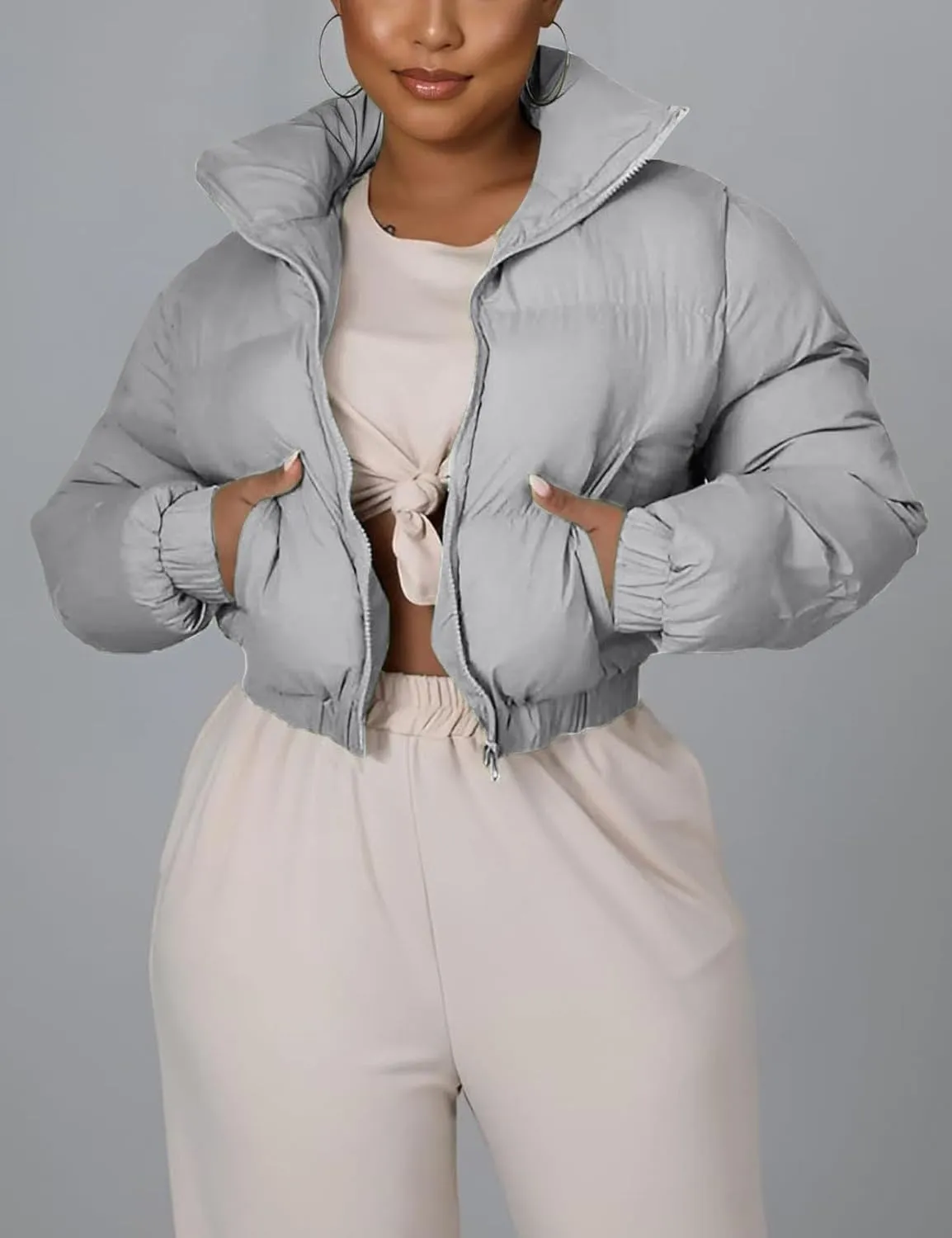 Flygo Women Cropped Quilted Puffer Jacket Winter Fashion Long Sleeve Bubble Short Down Coat