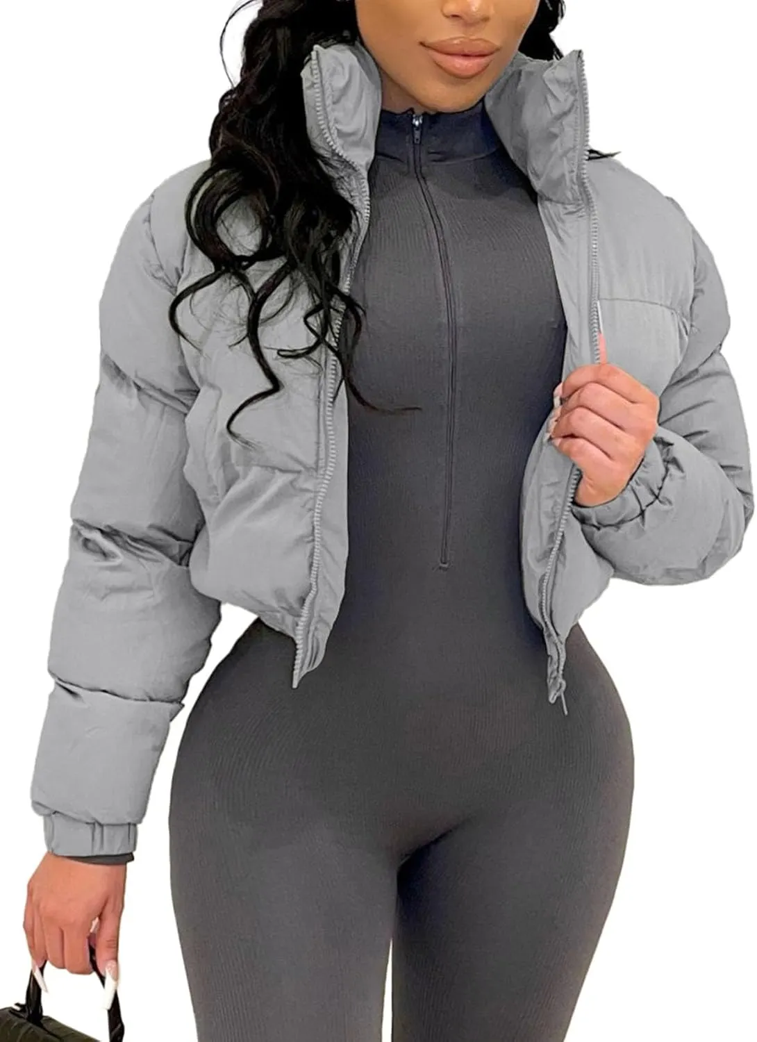 Flygo Women Cropped Quilted Puffer Jacket Winter Fashion Long Sleeve Bubble Short Down Coat