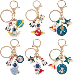 Framendino, 6 Pack Spaceman Rocket Key Chain Astronaut Keychains Enamel Rings for Party Gifts Purse Bag Decorations