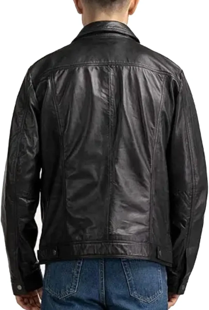 Genuine Men's Polo Classic Leather Moto Trucker Jacket - 100% Lambskin Jacket for Bikers
