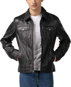 Genuine Men's Polo Classic Leather Moto Trucker Jacket - 100% Lambskin Jacket for Bikers