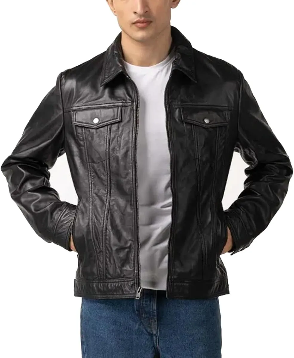 Genuine Men's Polo Classic Leather Moto Trucker Jacket - 100% Lambskin Jacket for Bikers