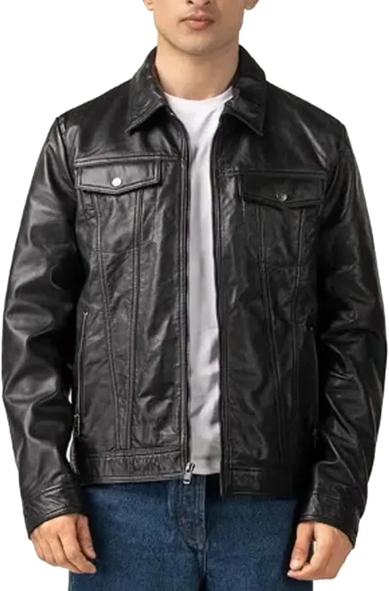 Genuine Men's Polo Classic Leather Moto Trucker Jacket - 100% Lambskin Jacket for Bikers