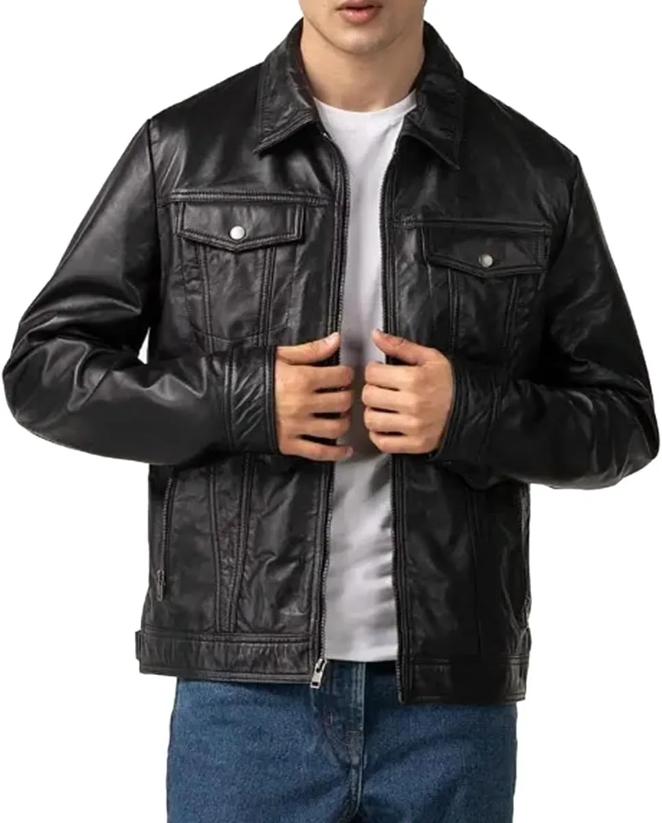 Genuine Men's Polo Classic Leather Moto Trucker Jacket - 100% Lambskin Jacket for Bikers