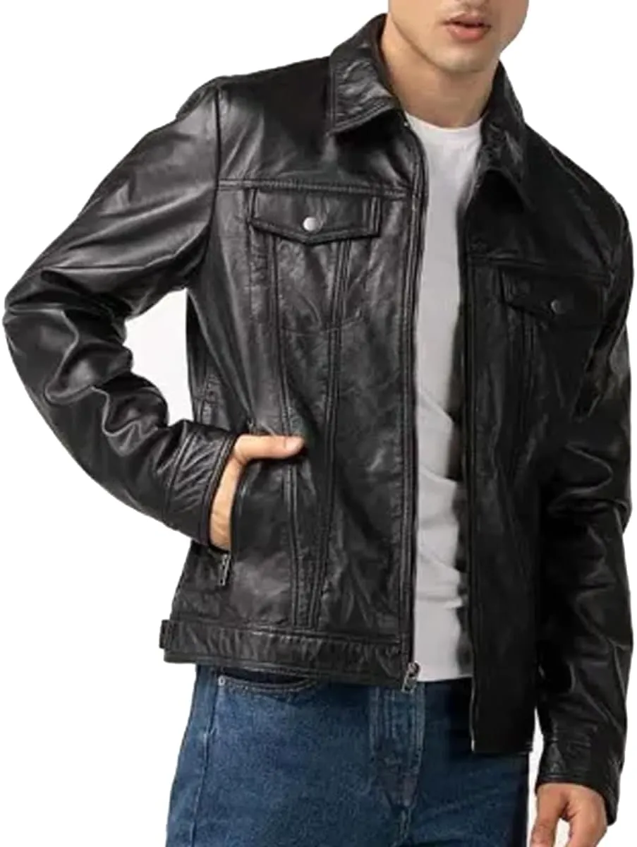 Genuine Men's Polo Classic Leather Moto Trucker Jacket - 100% Lambskin Jacket for Bikers