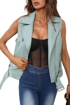 Giolshon Women Lapel Sleeveless Motorcycle Jacket, Zip Up PU Leather Vest with Belt Black