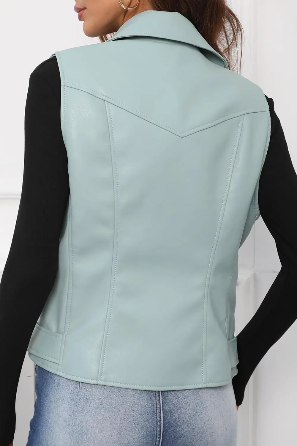 Giolshon Women Lapel Sleeveless Motorcycle Jacket, Zip Up PU Leather Vest with Belt Black