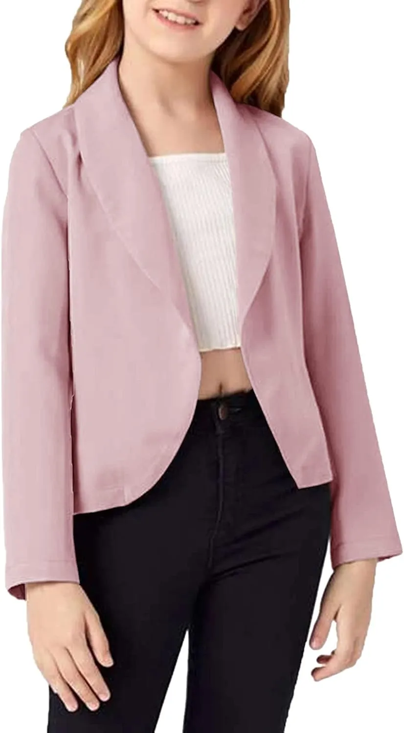 Girls Blazer Jacket Solid Color Lapel Suit Open Front Long Sleeve Blazers for Kids Girls Size 5-14 Years