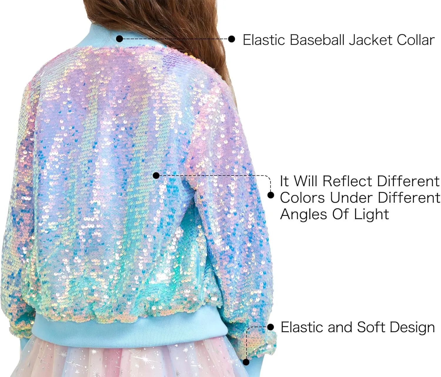 Girls Sequin Bomber Jacket Sparkly Bomber Outfit Long Sleeve Zipper Bright Colors 5-12T