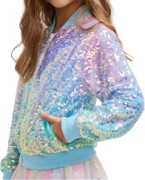 Girls Sequin Bomber Jacket Sparkly Bomber Outfit Long Sleeve Zipper Bright Colors 5-12T