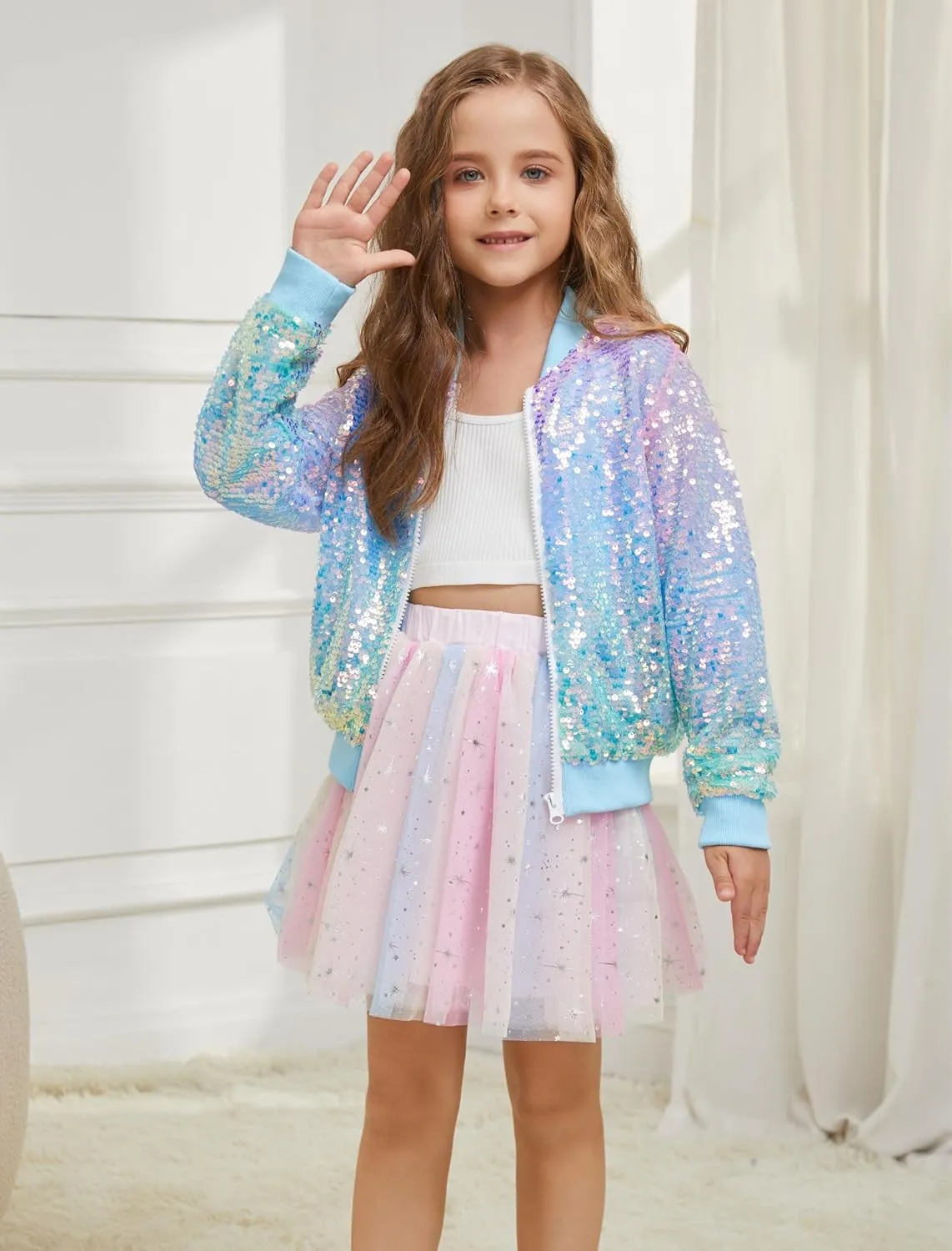 Girls Sequin Bomber Jacket Sparkly Bomber Outfit Long Sleeve Zipper Bright Colors 5-12T
