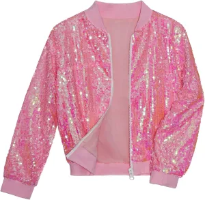 Girls Sequin Bomber Jacket Sparkly Bomber Outfit Long Sleeve Zipper Bright Colors 5-12T
