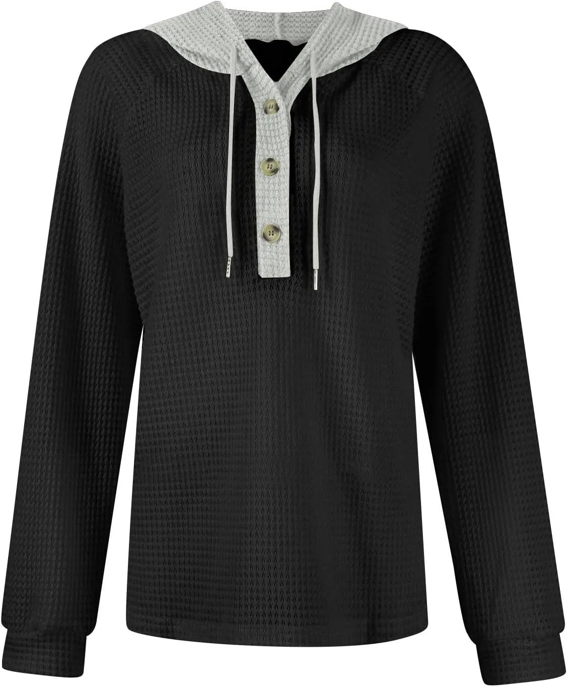 GOFULY Hoodies For Women Trendy Button Henley V-Neck Sweatshirt Waffle Drawstring Hoodie Fall Solid Long Sleeve Pullover