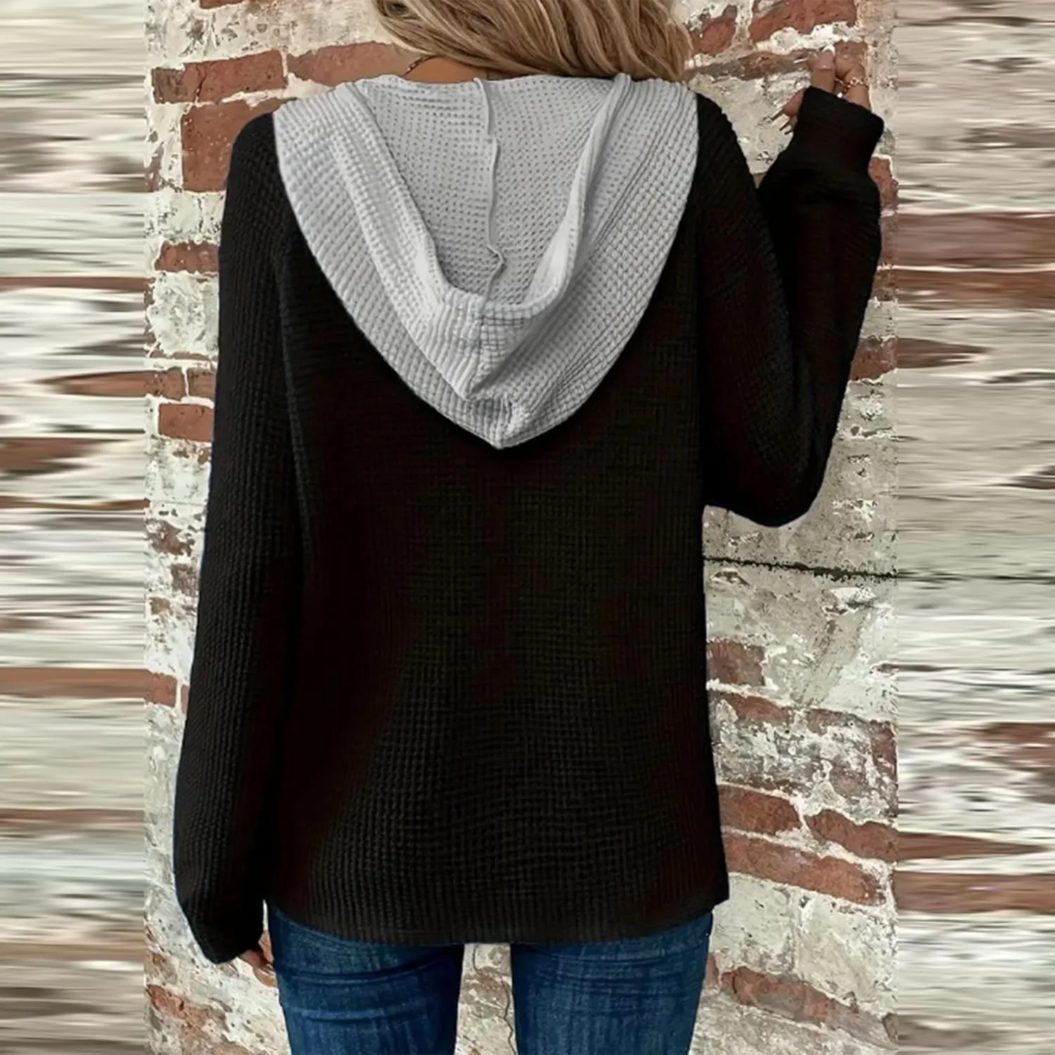 GOFULY Hoodies For Women Trendy Button Henley V-Neck Sweatshirt Waffle Drawstring Hoodie Fall Solid Long Sleeve Pullover