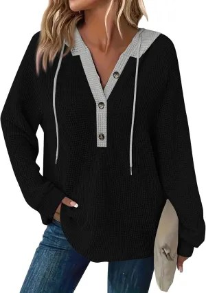 GOFULY Hoodies For Women Trendy Button Henley V-Neck Sweatshirt Waffle Drawstring Hoodie Fall Solid Long Sleeve Pullover