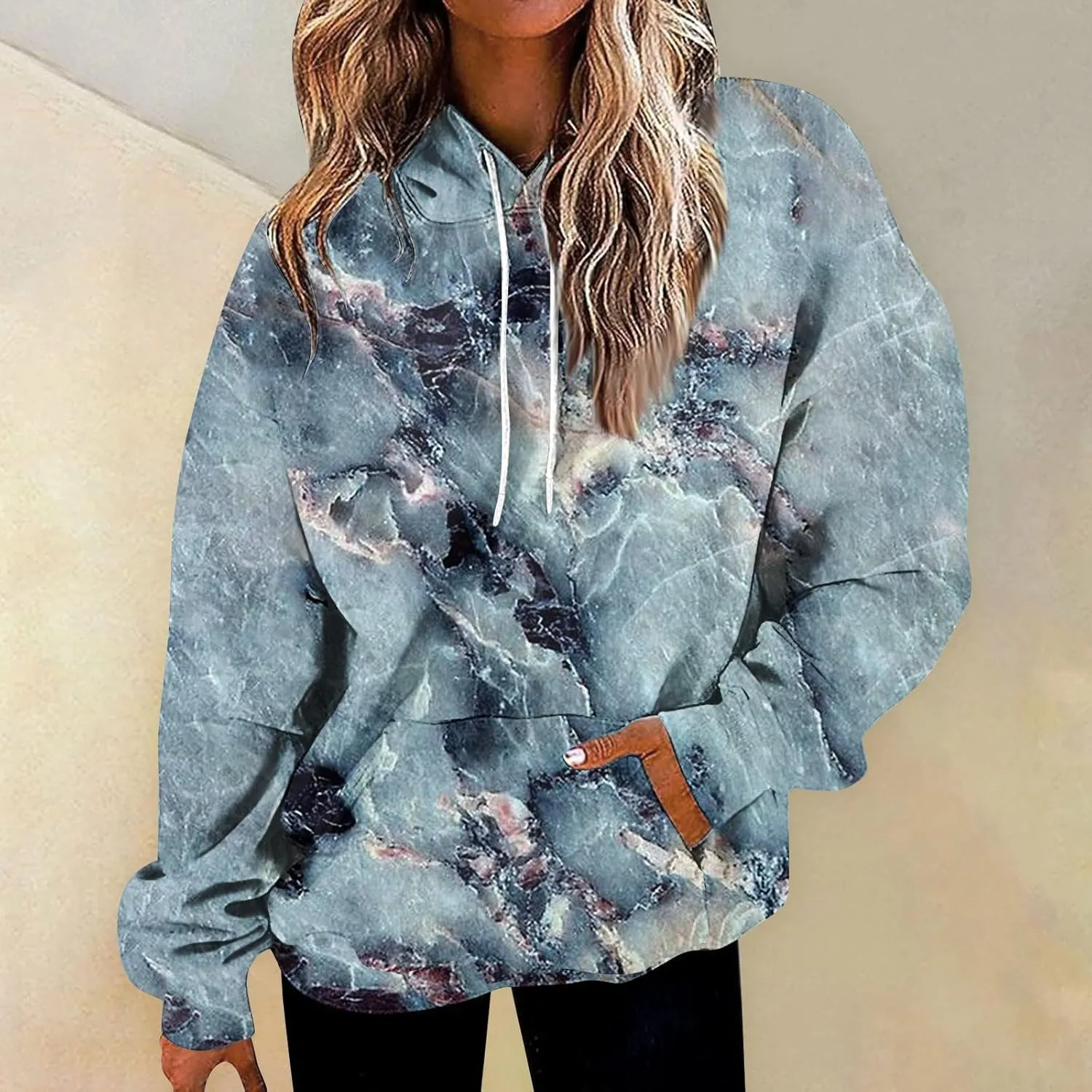 GOFULY Women Sweatshirt Fall Marble Print Hoodies Lightweight Winter Sweatshirt Long Sleeve Drawstring Pullover With Pocket