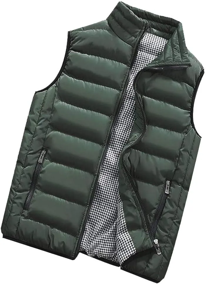 GOKKILRW Mens Outdoor Casual Stand Collar Padded Puffer Vest Warm Winter Waterproof Ski Jacket Cotton Padded Waistcoat