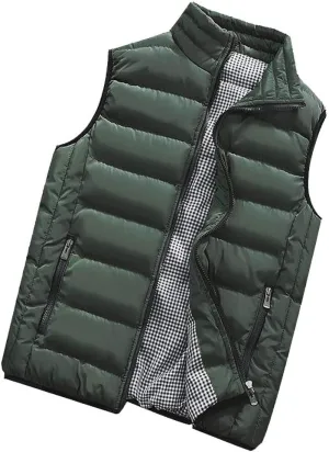 GOKKILRW Mens Outdoor Casual Stand Collar Padded Puffer Vest Warm Winter Waterproof Ski Jacket Cotton Padded Waistcoat