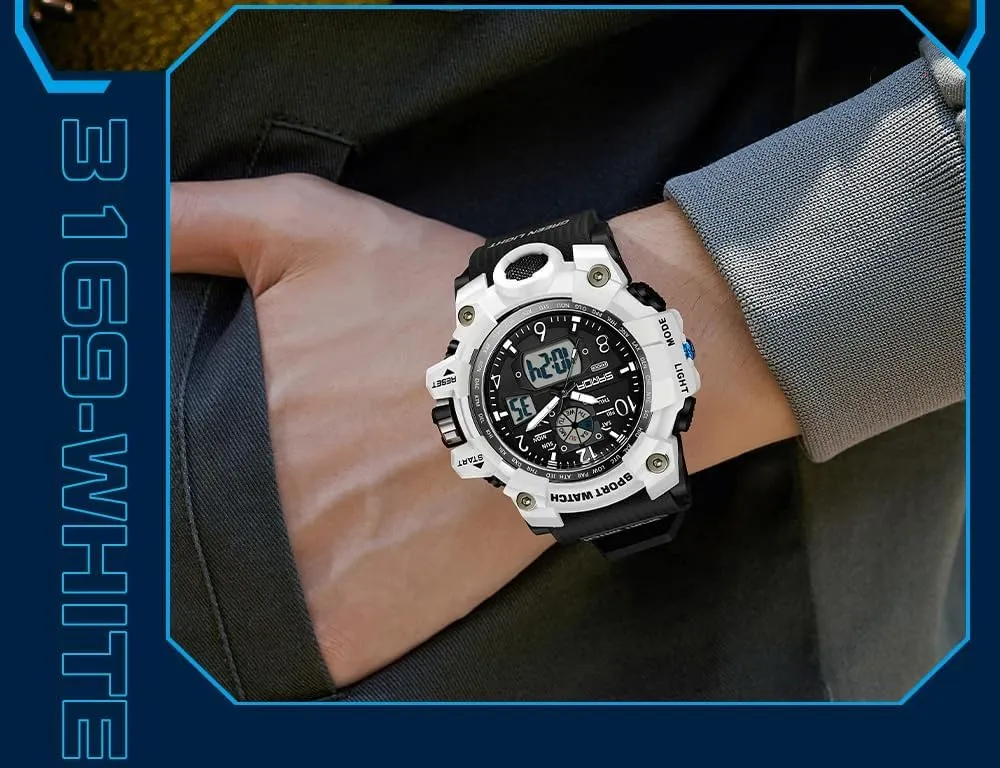Gosasa Military Style Digital Analog Watch, Large Face 2.2", 50m Water Resistant, Dual Time Zone, Alarm, LED Backlight, Stopwatch, PU Strap