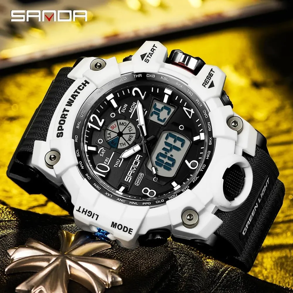 Gosasa Military Style Digital Analog Watch, Large Face 2.2", 50m Water Resistant, Dual Time Zone, Alarm, LED Backlight, Stopwatch, PU Strap