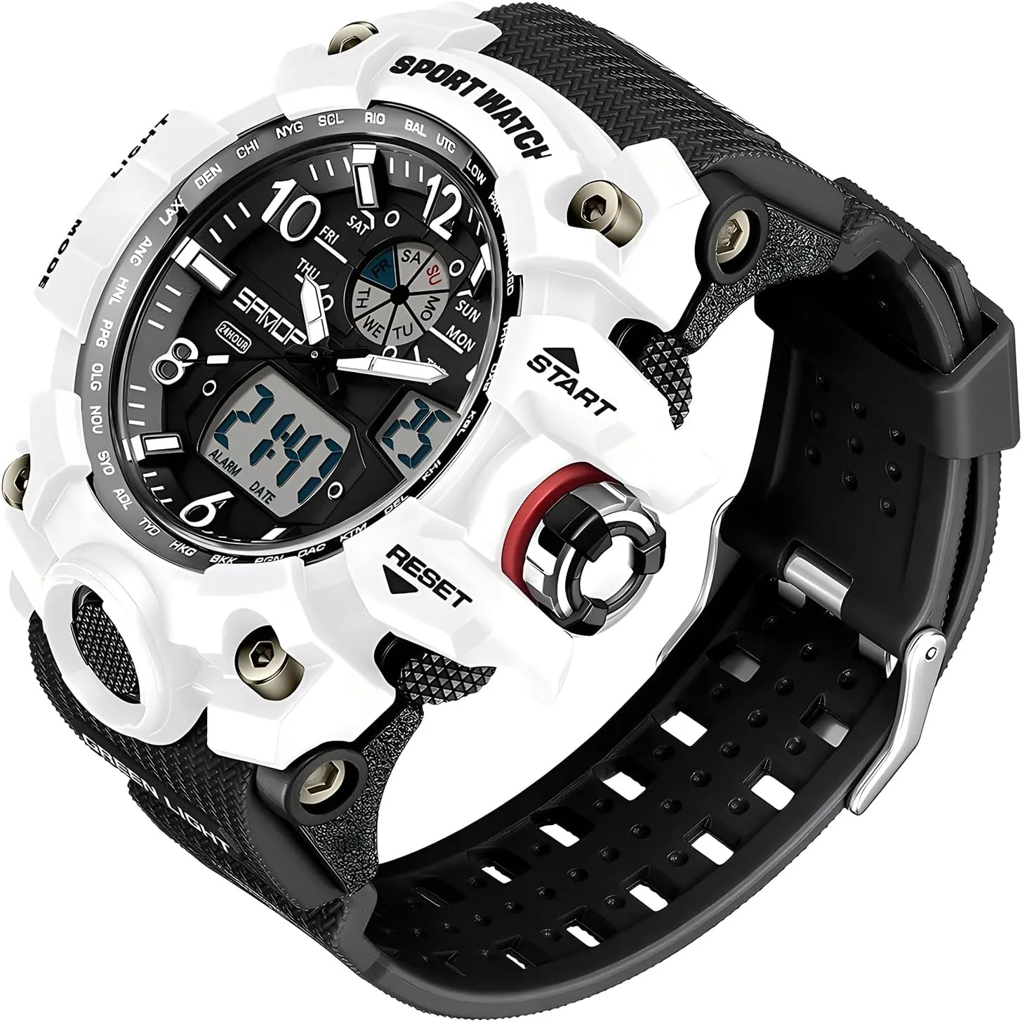 Gosasa Military Style Digital Analog Watch, Large Face 2.2", 50m Water Resistant, Dual Time Zone, Alarm, LED Backlight, Stopwatch, PU Strap